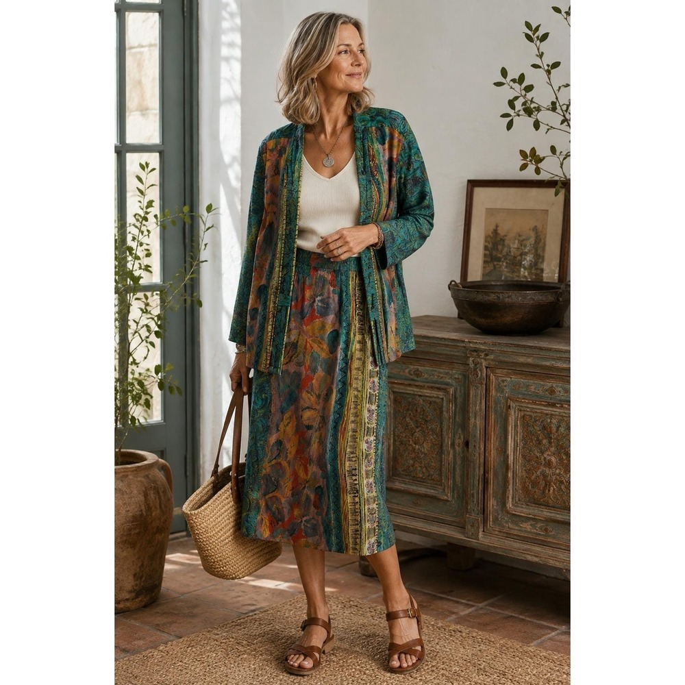 In Group Ltd Women's Bohemian Skirt Set Green Jacket Size 10 Vintage